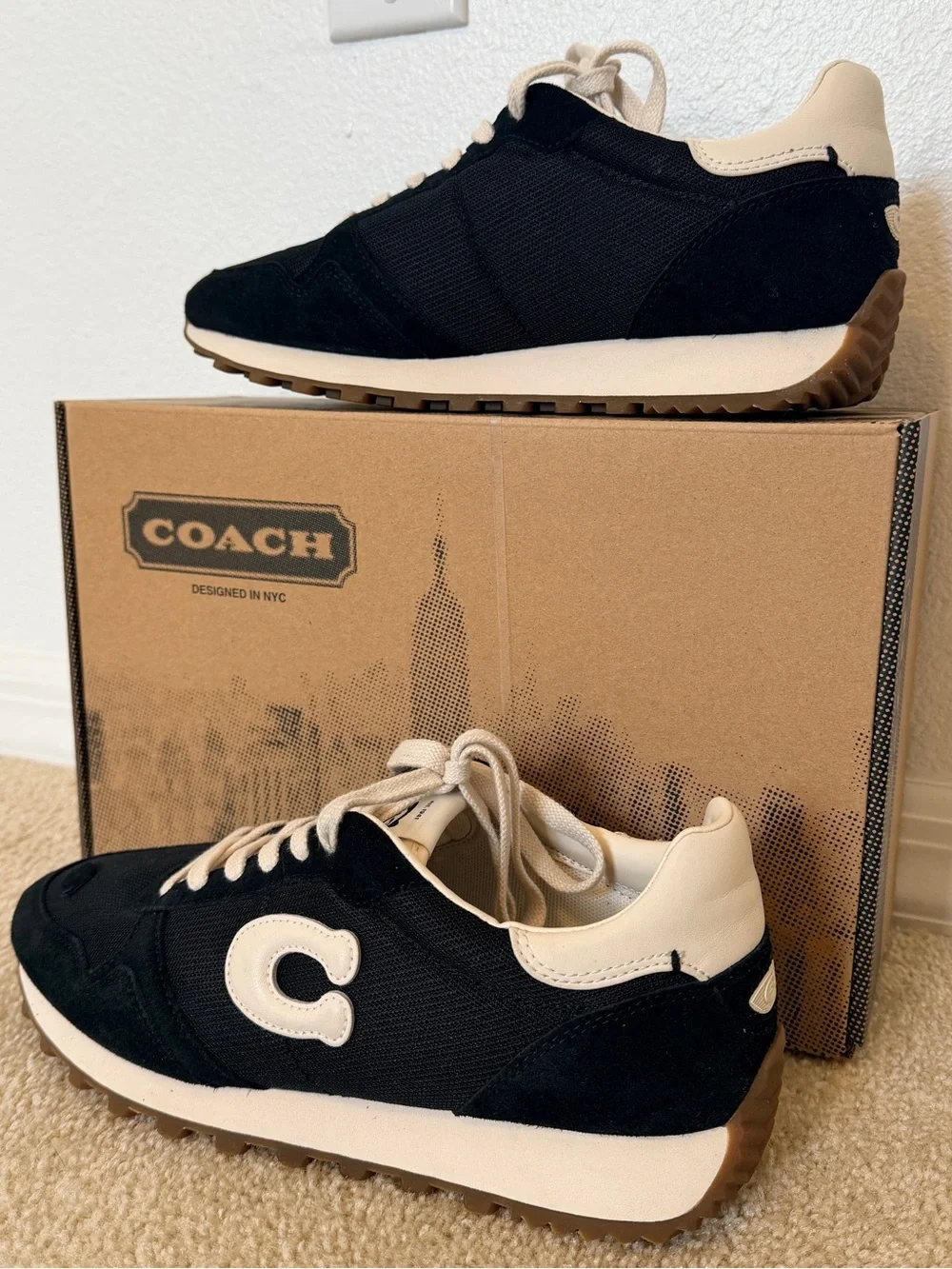 COACH Retro Runner Mens 9 Suede Mesh Lightweight Shoes Black White Logo Sneakers